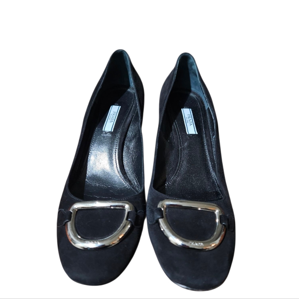 Black Prada Suede Leather Buckle Block Heel Pumps